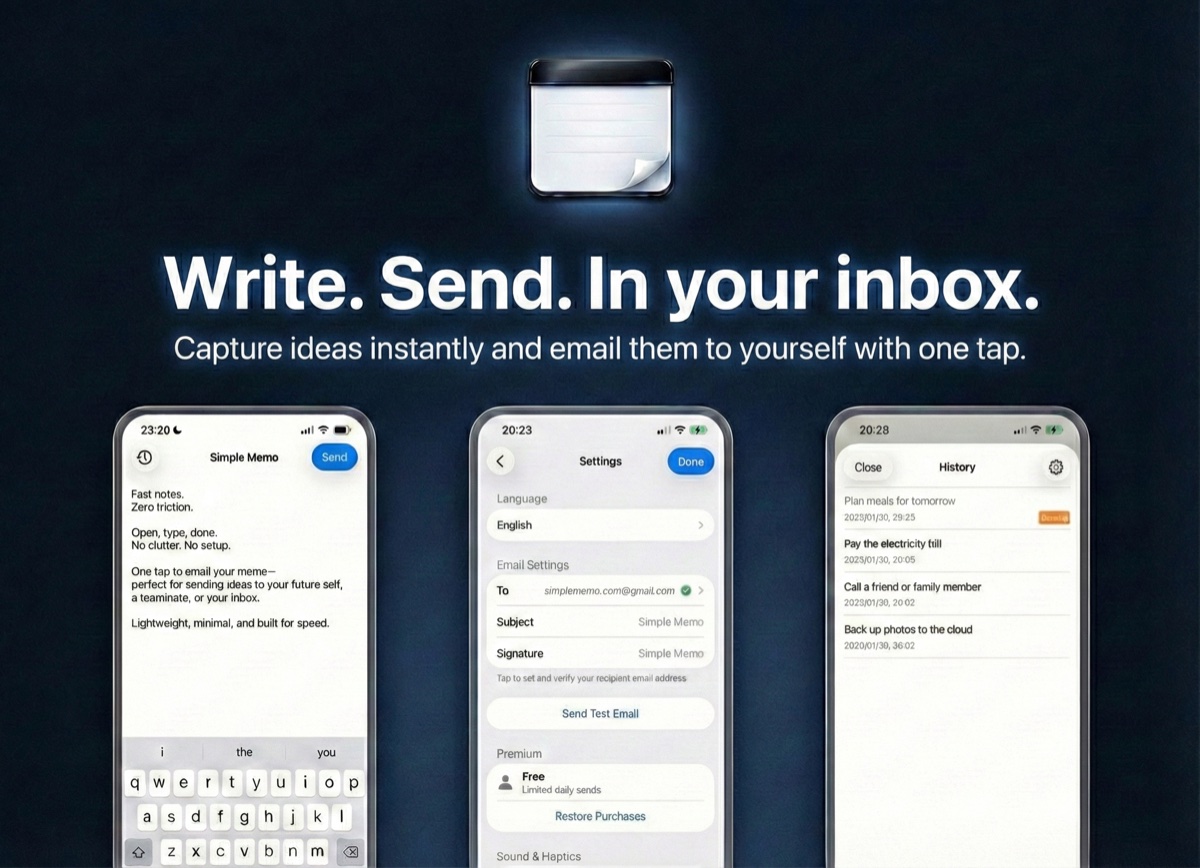 SimpleMemo app screenshots — memo input screen, settings screen, and send history on iPhone