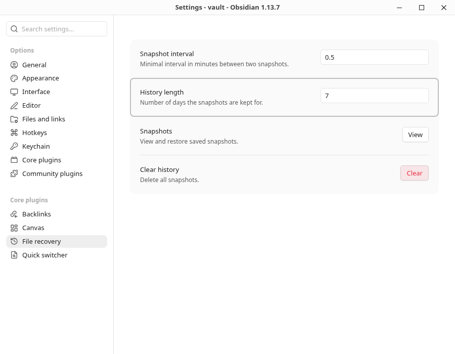 File recovery設定画面のSnapshot intervalが0.5、History lengthが7、Viewボタンが表示されている