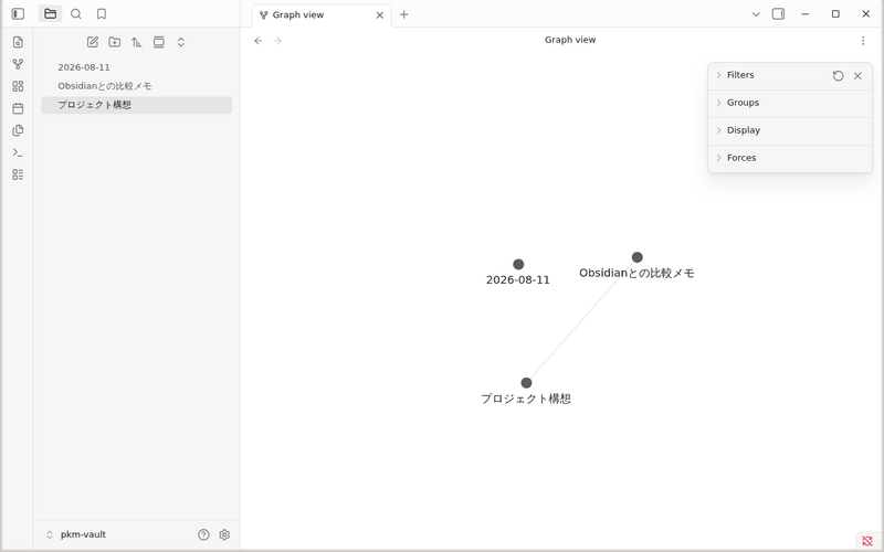 Obsidianのグラフビュー。3つのノートと1本のリンクが表示されている