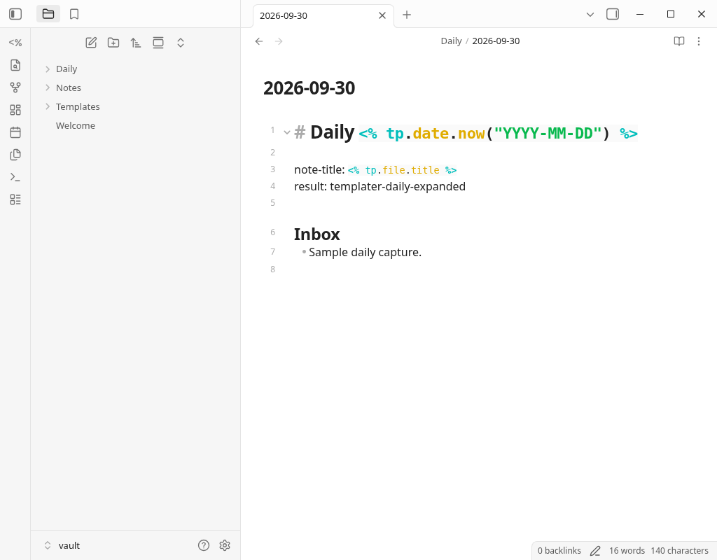 Trigger OFFで作成した日付ノートにtp.date.nowとtp.file.titleのコマンドが残った画面