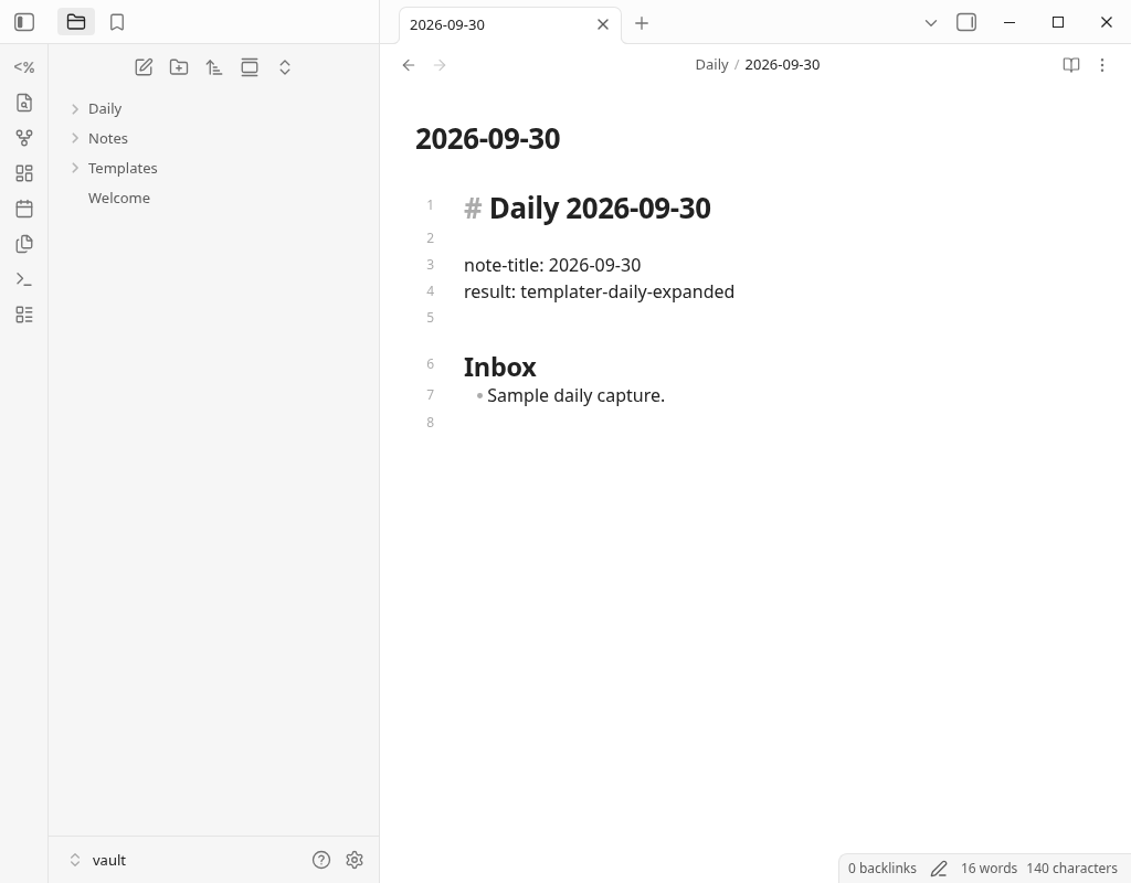 Trigger ONとNoneで新規作成したDailyノートに日付とnote-titleが展開された画面