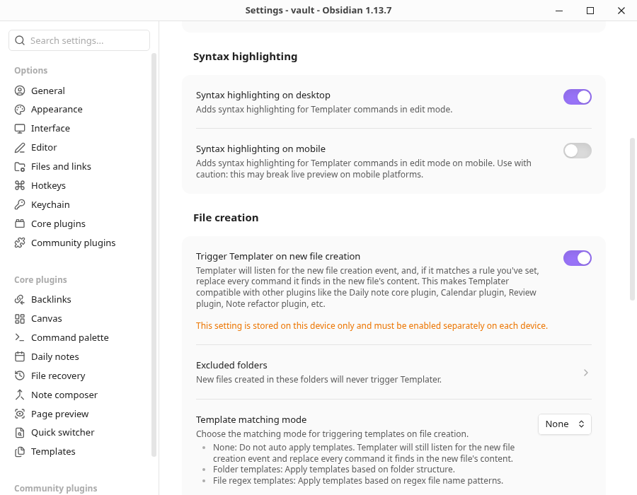 TemplaterのTrigger Templater on new file creationがONで、Template matching modeがNoneの設定画面