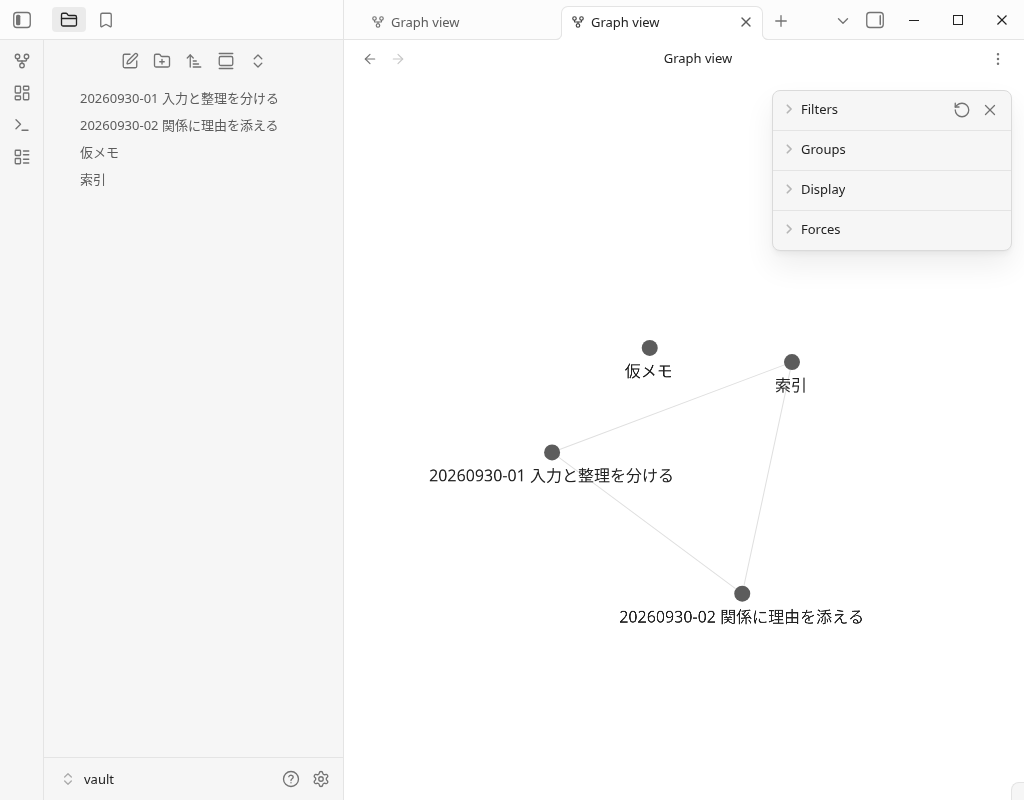 索引と二つの考えのノートが三本の線でつながり仮メモが孤立した最終グラフ