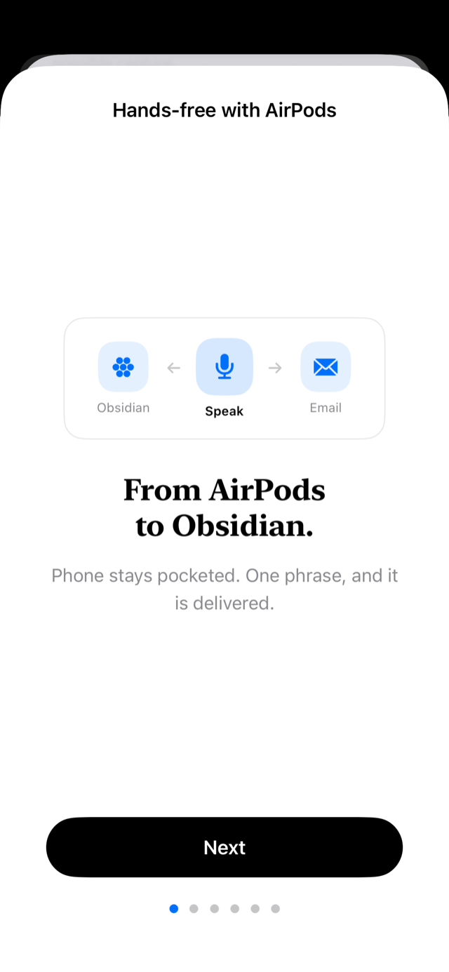 In-app guide 1: From AirPods to Obsidian — a flow diagram of Obsidian, Speak and Email. The phone stays pocketed; one phrase and it is delivered