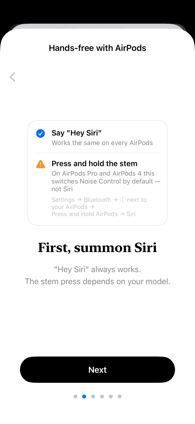 In-app guide 2: First, summon Siri — "Hey Siri" always works; on AirPods Pro and AirPods 4 the stem press defaults to Noise Control, so switch it to Siri in Settings