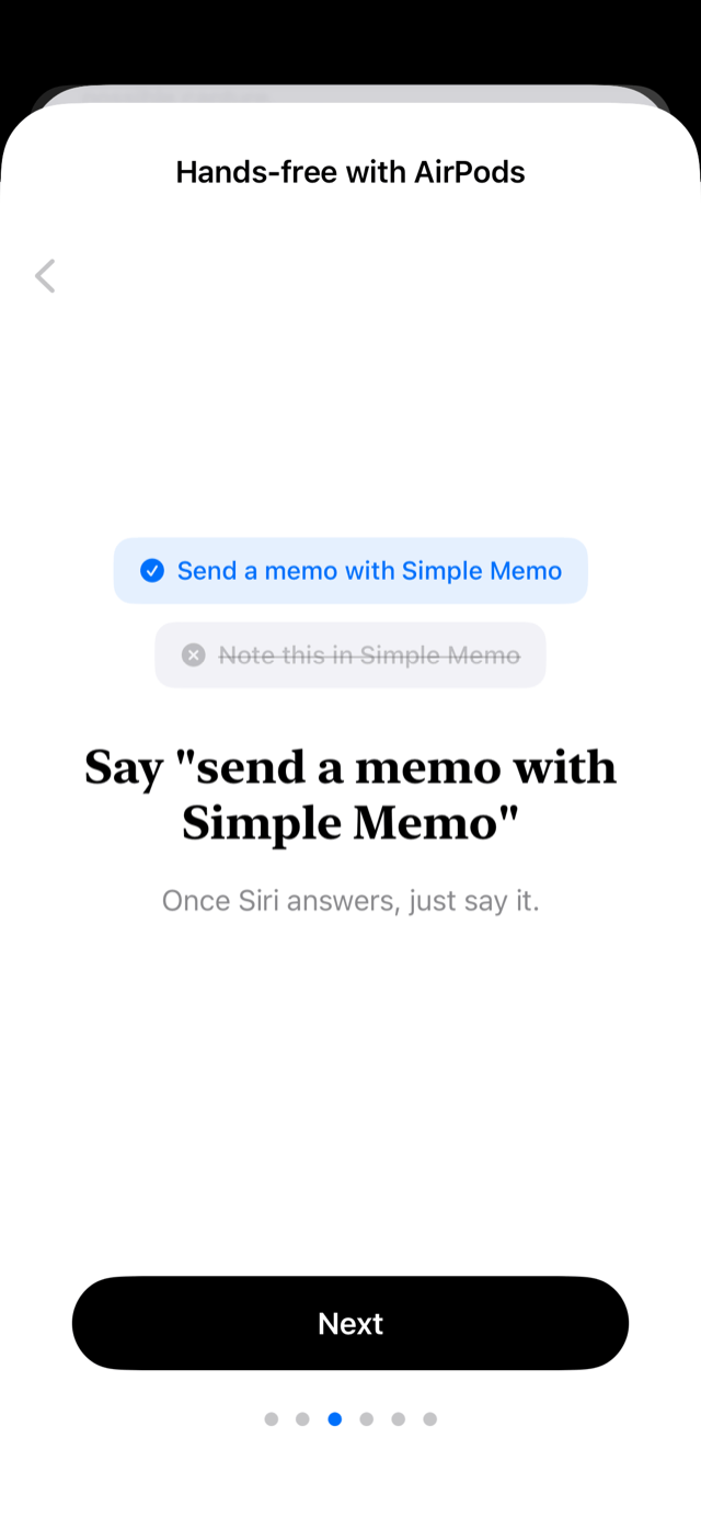 In-app guide 3: Say "send a memo with Simple Memo" — the phrase to use, and "Note this in Simple Memo" as the one to avoid. Once Siri answers, just say it
