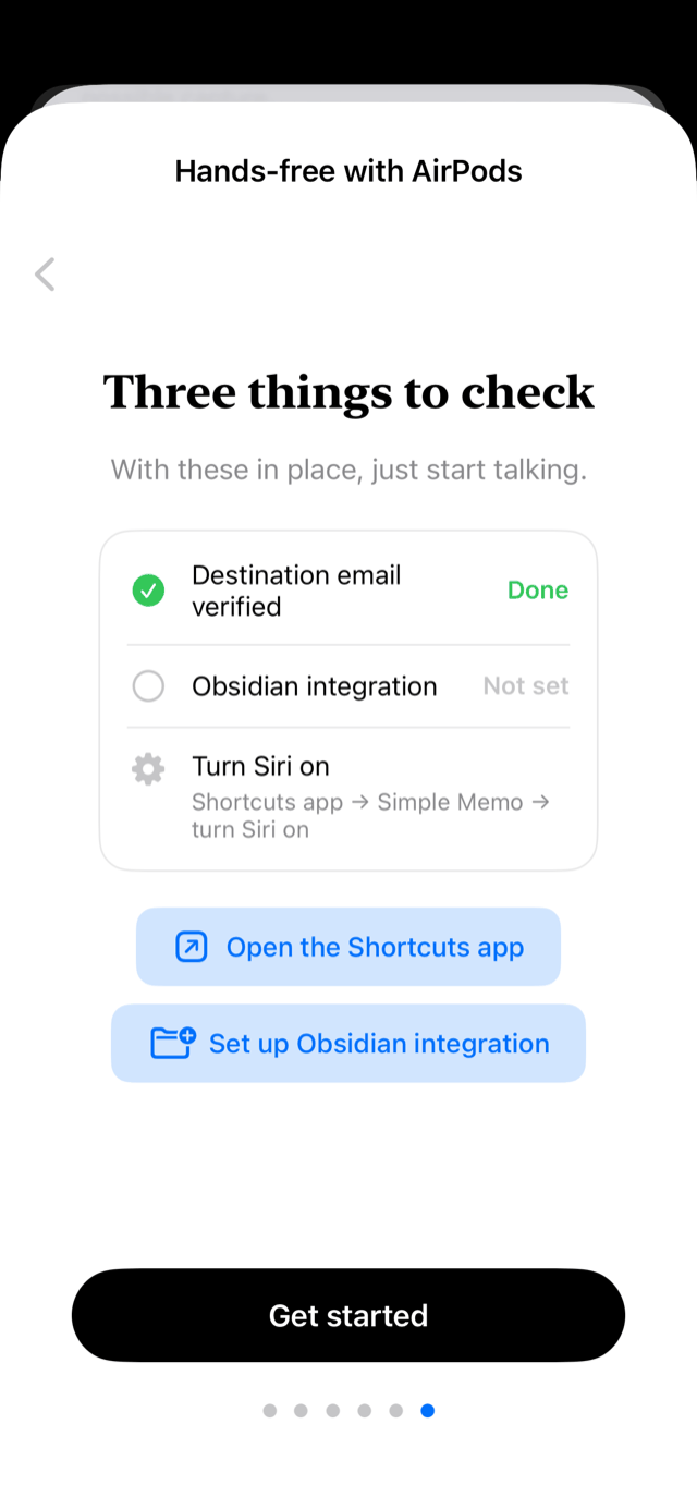 In-app guide 6: Three things to check — destination email verified, Obsidian integration, and Siri turned on in the Shortcuts app
